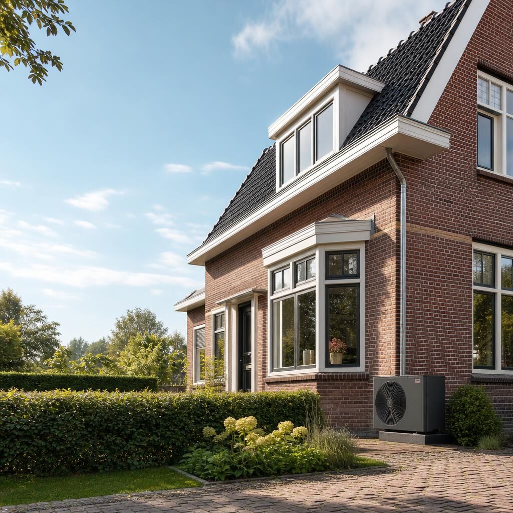Moderne warmtepomp bij een lichte, frisse Nederlandse woning